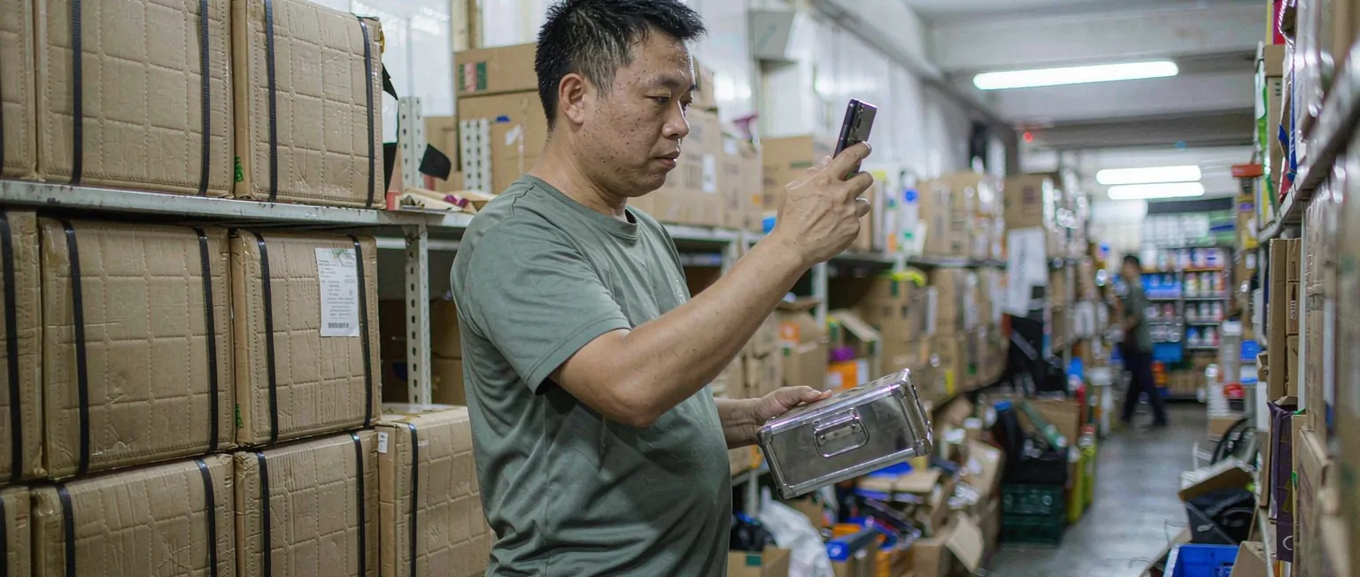 中国连锁门店店员在货架前用设备扫码盘点并记录商品损耗