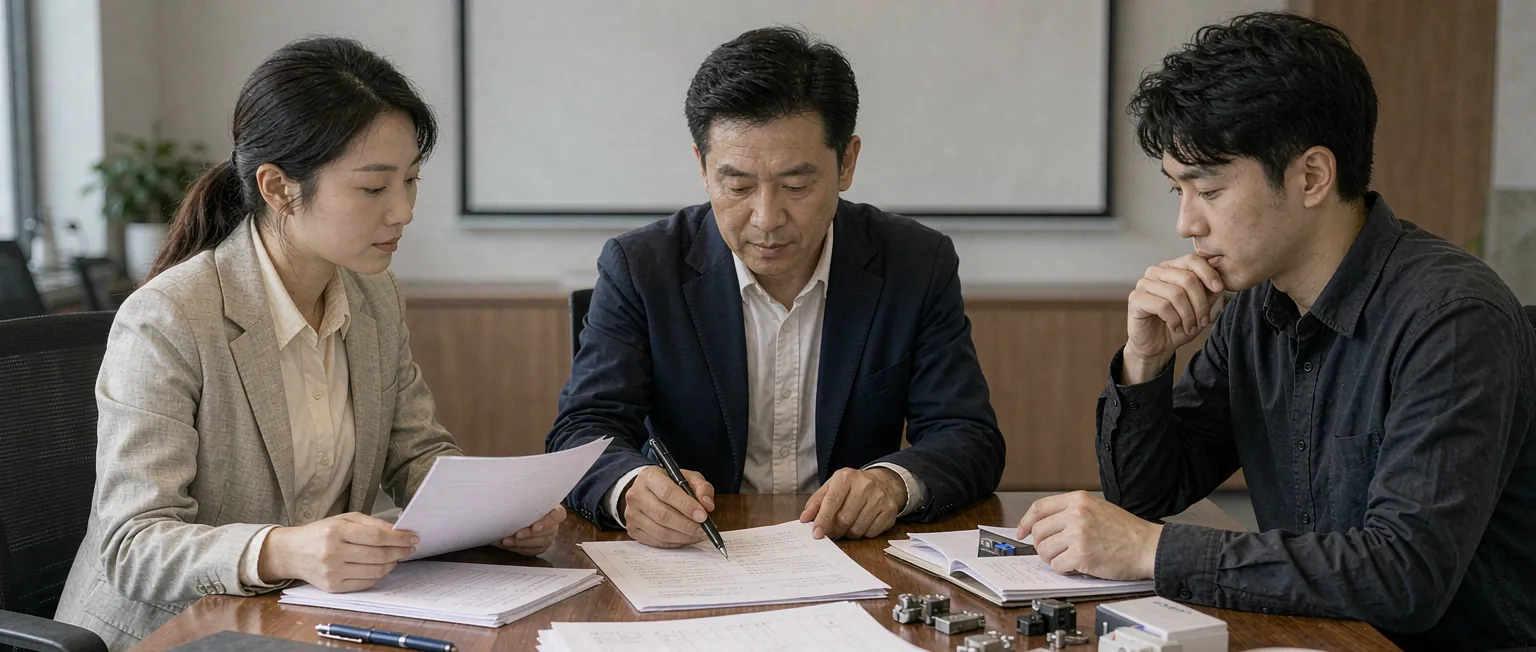 中国采购人员在电脑前查看供应商在线报价与分项比价表