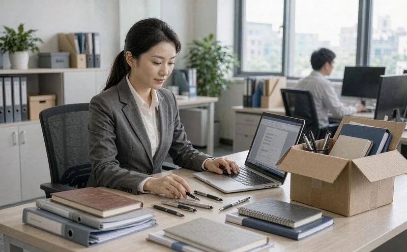 一间光线明亮的办公采购办公室,一位三十多岁的女性采购员身穿浅色衬衫坐在工位前,面前的电脑屏幕显示着办公用品目录表格,桌面散放着报价单和签字笔,背后是摆满文件盒的储物架和一整面玻璃隔断,景深延伸到走廊尽头的绿植。