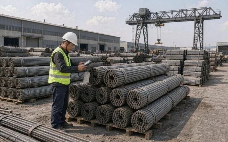钢材加工车间内,一名穿灰色工装、戴护目镜和厚手套的操作工站在开平剪切线旁,注视卷板被展开定尺剪切成钢板,地上码放着打好捆、贴了标签的成品板材,背景是天车吊运和飞溅的切割光点,工业灯光、环境真实,画面层次分明有景深。