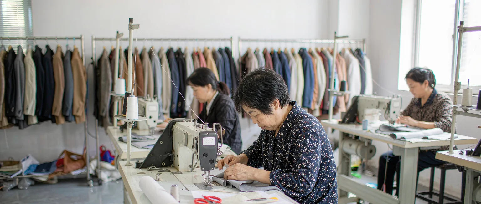 中国顾客在服装定制门店接受量体,店员在系统中记录体型数据与版型