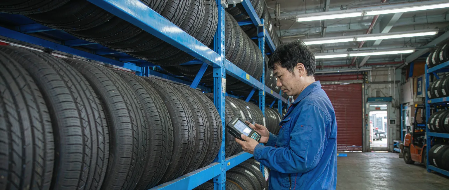 中国轮胎快修门店里,技师正对照工单检查车辆轮胎规格,背景是立式轮胎货架与拆装机