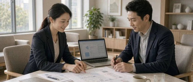 中国明亮会议室内,两名穿职业装的财务人员查看笔记本电脑上的数据图表并翻阅摊开的打印报表,背景沙发书架与窗光,资金分析实景,写实摄影