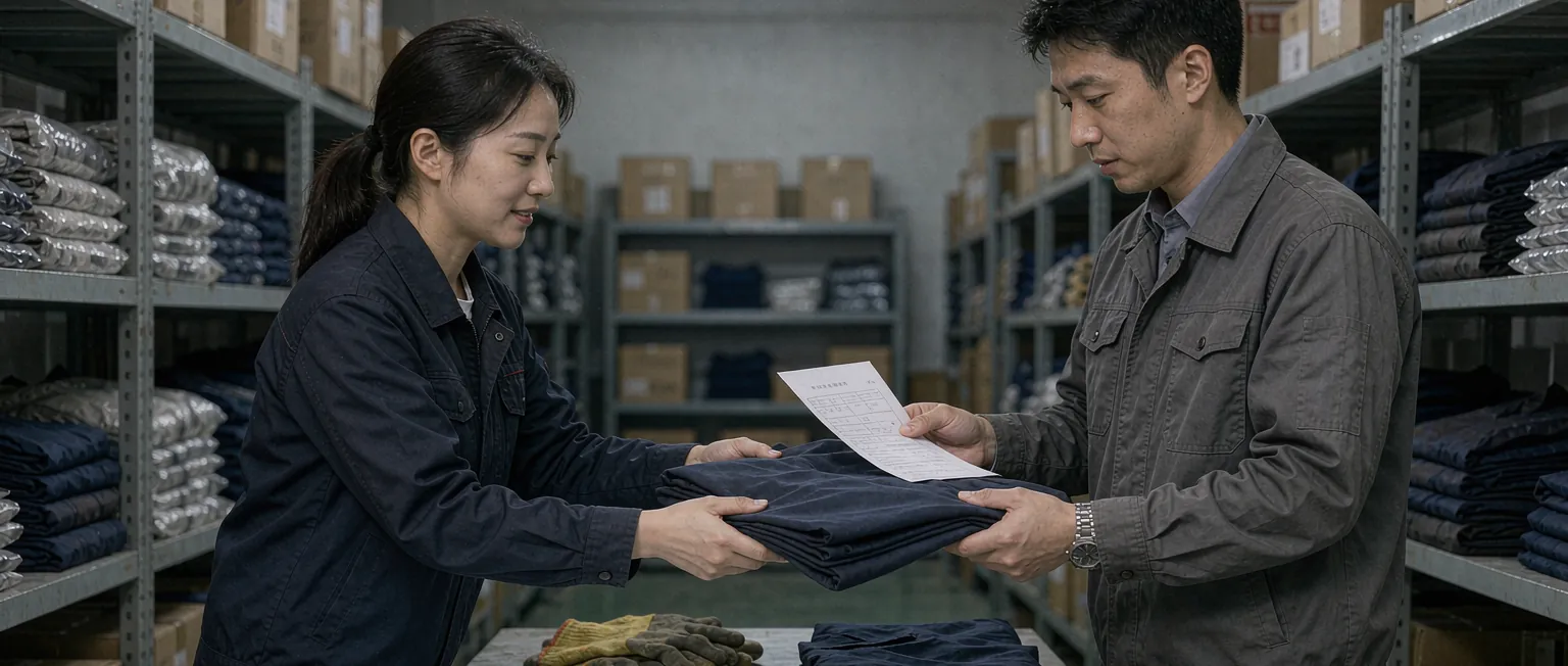 中国工厂仓管员扫码出库工服劳保用品并登记到员工