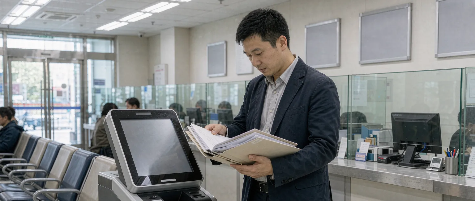 中国签证代办顾问在系统前对照材料清单审核客户申请资料