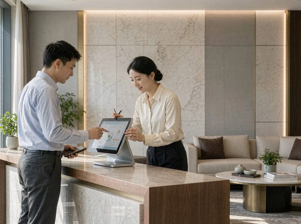 中国企业的前台工作人员用平板为来访客人办理电子访客登记