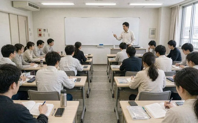 一间职业技能培训教室,几位二十多岁的学员穿着统一的实训服,正围着操作台练习设备接线,讲台旁一位戴工牌的中年男讲师手持点名册和平板记录到课情况,墙上挂着排课表和考证流程海报,窗外日光斜照进来,景深延伸到后排的实训工位。