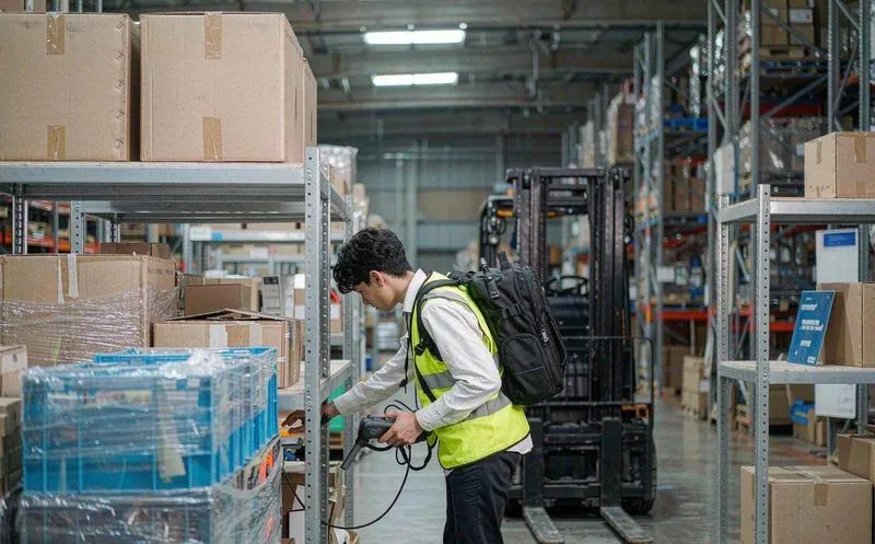 中国仓储中心里,一名仓管员用手持终端扫描货位条码,货架整齐排列,叉车在通道作业
